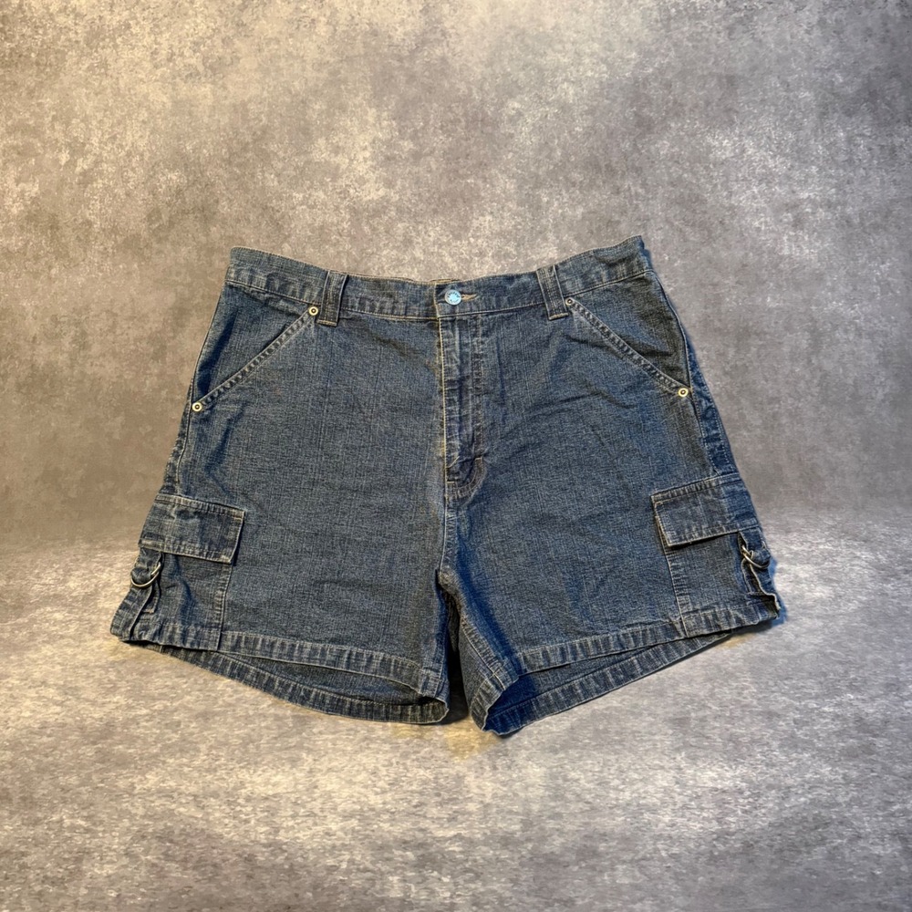 Vtg Riveted by Lee Cargo Shorts Womens 14M Blue Denim High Waisted Utility Jorts